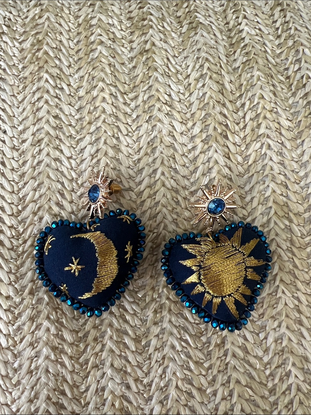 Blue & Gold Sun and Moon Heart Drop Earrings